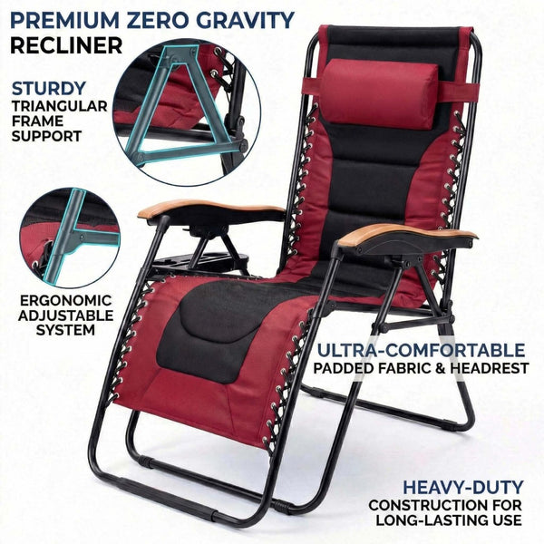 English Elm Oversized Zero Gravity Patio Recliner with Mesh Seat Wood Arms and Cup Holder W5159P445931