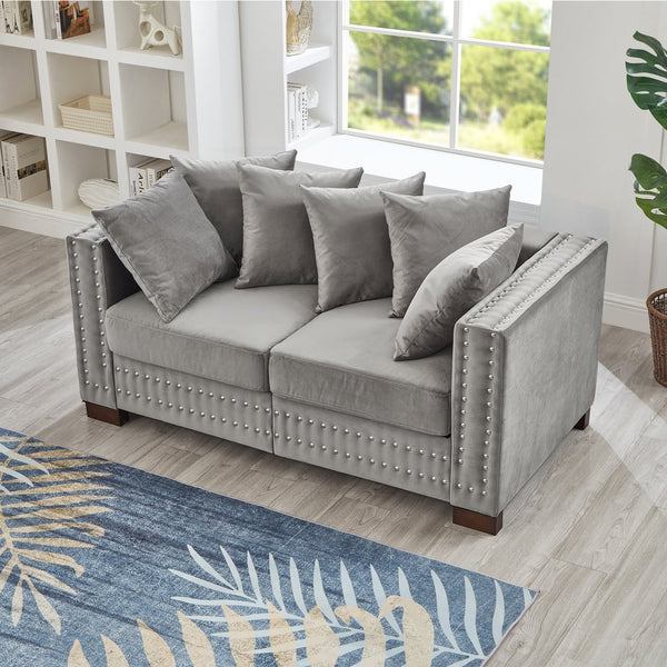 English Elm Modern Velvet Sofa Set 2+3 Seater With Square Armrests & Silver Nailhead Trim For Stylish Comfort W1097S00191