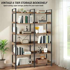 English Elm 6-Tier Industrial Bookshelf 67" Black+Brown Metal Frame with 12 Open Shelves, Edge Guards & Stable Design W3204P354206