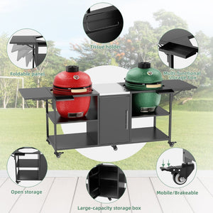 English Elm Outdoor Dual Kamado Grill Cart with Stainless Steel Top Iron Frame and Storage Cabinet W3190P328545