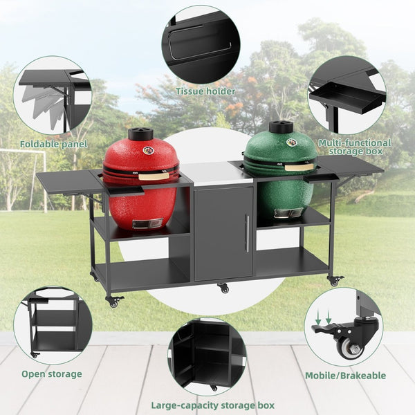 English Elm Outdoor Dual Kamado Grill Cart with Stainless Steel Top Iron Frame and Storage Cabinet W3190P328545