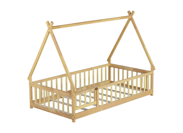 English Elm Twin Tent-Shaped Floor Bed With Guardrails, Playful Design, Natural Wood Finish, Safe & Cozy Space W504P345783-GIGA