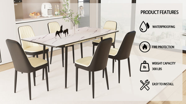 English Elm 47"-63" Extendable Dining Set Six Pu Leather Chairs Mdf Top Black Metal Legs Modern Beige+White W2189S00920