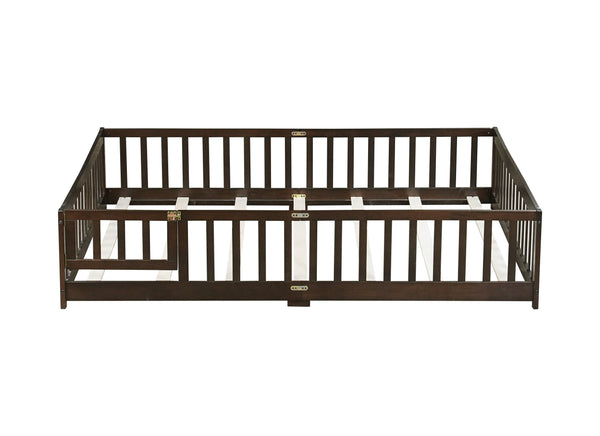 English Elm Queen Floor Bed with Safety Fence and Guardrails, Rubberwood Low Profile Platform for Kids Espresso W504P286390