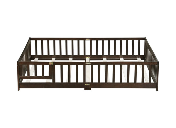 English Elm Queen Rubber Wood Floor Bed with Full Perimeter Safety Fence and Hinged Access Door Espresso W504P429342