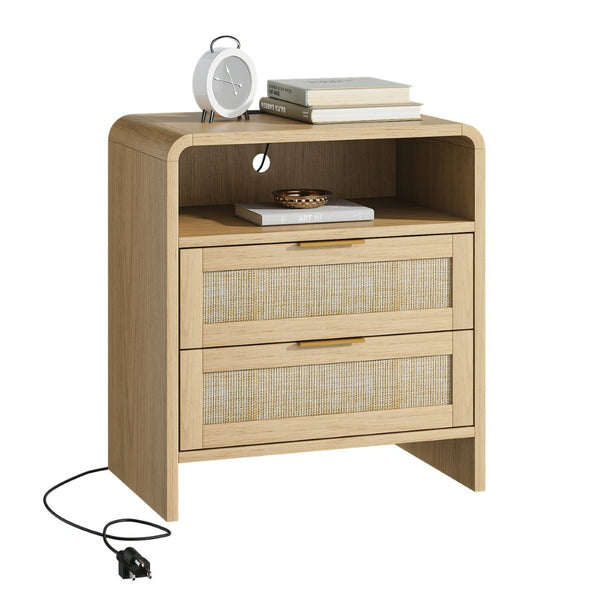 English Elm Rattan Drawer Nightstand Set with Built-in Charging Station and Open Shelf Bedroom Storage Oak W1820P416763