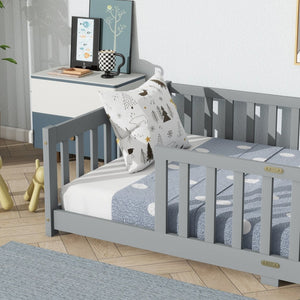 English Elm Twin Low Profile Rubberwood Floor Bed with Full Safety Fence for Toddler Rooms Grey W504P429333