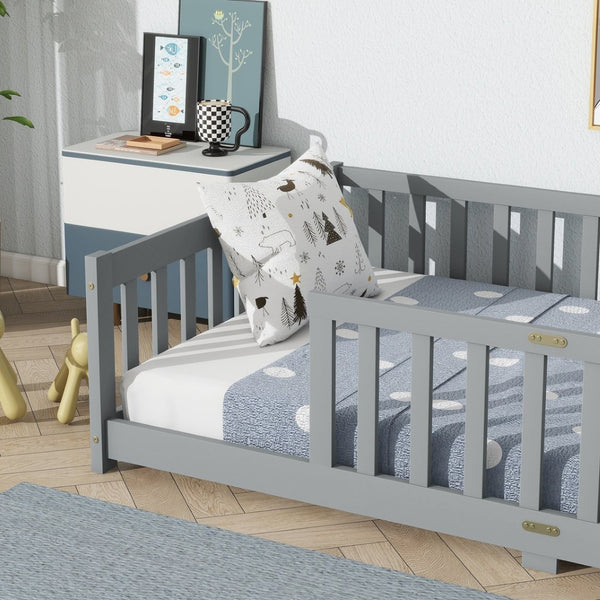 English Elm Twin Low Profile Rubberwood Floor Bed with Full Safety Fence for Toddler Rooms Grey W504P429333