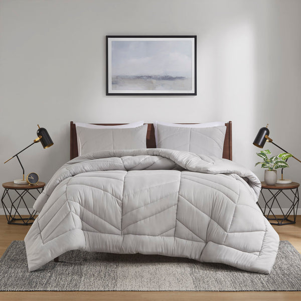 JLA Home Intelligent Design - Quilted Remy Chevron Comforter Set with Hypoallergenic 350gsm Fill, OEKO-TEX Certified, Machine Washable Gray ID10-2299