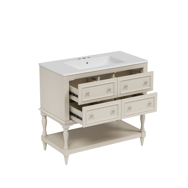 English Elm 36" Bathroom Vanity with Sink Combo, 36" Ceramic Undermount Basin, Solid Wood Frame, 4 Drawers, Waterproof Painted Finish Beige N710P250654Y