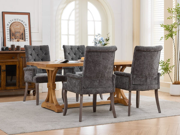 English Elm Upholstered Chenille Club Dining Chair Tufted High Back with Curved Solid Wood Legs Gray W1143P449348