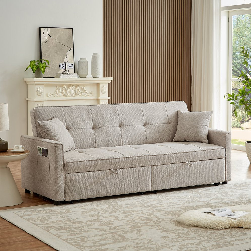 English Elm 3 Convertible Sleeper Sofa Bed with Pull-Out Chaise, Storage Armrests & Pockets, Compact Loveseat Couch Beige W2318P265839