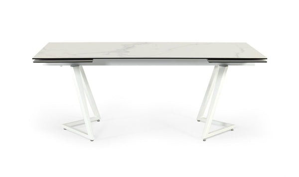 VIG Furniture Farrell Extendable Ceramic Dining Table, High-Gloss White 79"-118" With Sculptural Double Pedestal Design VGYFDT8765-3C-WHT-DT
