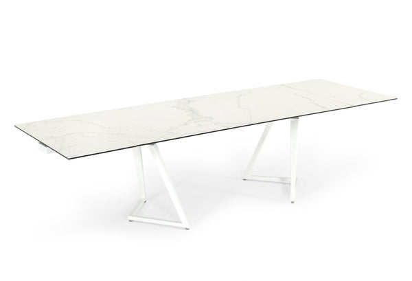 VIG Furniture Farrell Extendable Ceramic Dining Table, High-Gloss White 79"-118" With Sculptural Double Pedestal Design VGYFDT8765-3C-WHT-DT