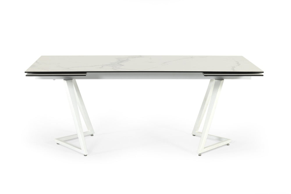 VIG Furniture Farrell Extendable Ceramic Dining Table, High-Gloss White 79"-118" With Sculptural Double Pedestal Design VGYFDT8765-3C-WHT-DT