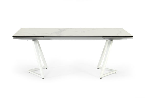 VIG Furniture Farrell Extendable Ceramic Dining Table, High-Gloss White 79"-118" With Sculptural Double Pedestal Design VGYFDT8765-3C-WHT-DT