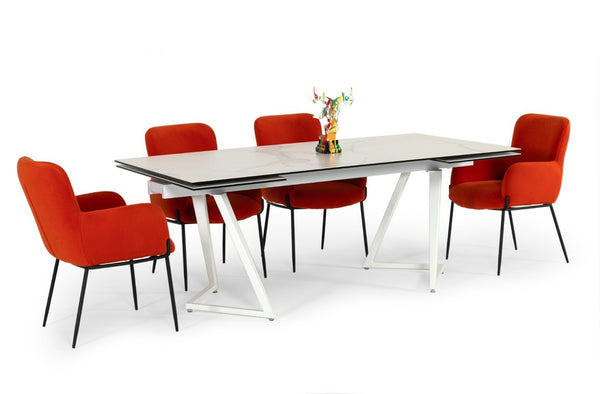 VIG Furniture Farrell Extendable Ceramic Dining Table, High-Gloss White 79"-118" With Sculptural Double Pedestal Design VGYFDT8765-3C-WHT-DT