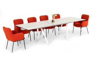 VIG Furniture Farrell Extendable Ceramic Dining Table, High-Gloss White 79"-118" With Sculptural Double Pedestal Design VGYFDT8765-3C-WHT-DT
