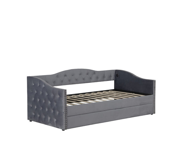 English Elm Twin Size Upholstered Daybed With Trundle & Usb Charging – Stylish Velvet Frame For Space-Saving Comfort W1670S00024-GIGA