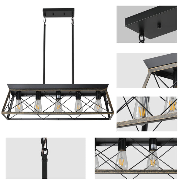 English Elm 32" Black Gold Industrial 5-Light Pendant Chandelier - Adjustable Metal Cage Farmhouse Lighting for Kitchen, Dining, Living Room W2312P368669