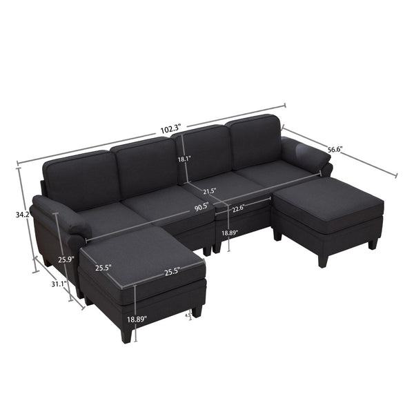 English Elm 102 Inch Linen Modular Sectional Sofa with Hidden Storage and Cloud Cushion Comfort Black W1099S00211