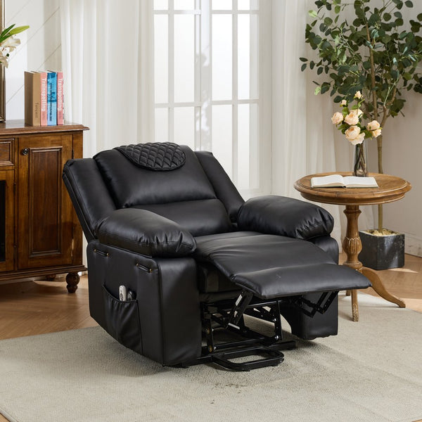 English Elm Black PU Remote-Controlled Heating Massage Recliner for Seniors with Assist Lift, Cup Tray, Remote Control W570P320457