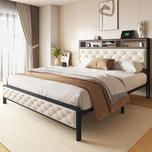 English Elm Queen Upholstered Platform Bed with USB Charging & Storage Headboard, Metal Slats, Beige Elegance W2904P372195