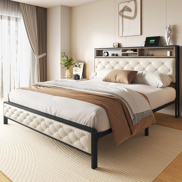 English Elm Queen Upholstered Platform Bed with USB Charging & Storage Headboard, Metal Slats, Beige Elegance W2904P372195