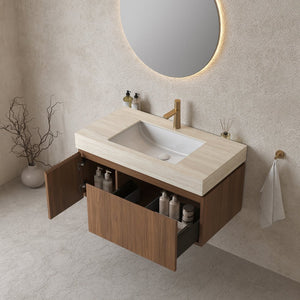 English Elm MURI Modern Wall-Mounted Vanity with Sintered Stone Top and Ceramic Basin, Plywood Cabinet, 39" Beige,Brown Oak W2615S00337