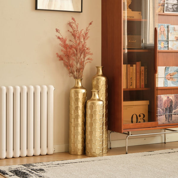 English Elm Floor Metal Vases Set Of 3 - Elegant Tall Decor With White And Gold Accents For Modern Interiors W2796P237520