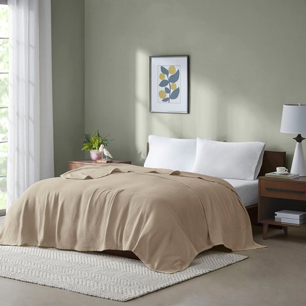 JLA Home Madison Park - Cotton Madison Park Basket Weave Blanket — Lightweight, OEKO‑TEX Certified Cotton for Year‑Round Comfort Khaki BL51N-0862