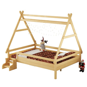 English Elm Twin House Shaped Platform Bed Solid Pine Frame with Built in Stairs for Kids Natural W1580P354721