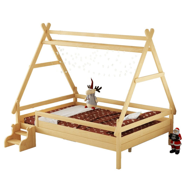 English Elm Twin House Shaped Platform Bed Solid Pine Frame with Built in Stairs for Kids Natural W1580P354721