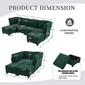 English Elm UNITED Modular 6-Seat Sectional Sofa with Removable Ottoman, Storage Compartments, Convertible Comfort Emerald W1568S00244