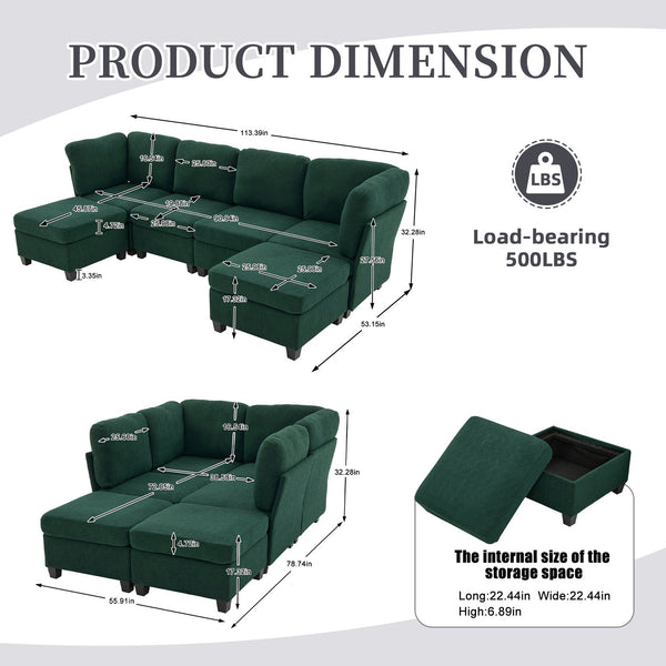 English Elm UNITED Modular 6-Seat Sectional Sofa with Removable Ottoman, Storage Compartments, Convertible Comfort Emerald W1568S00244