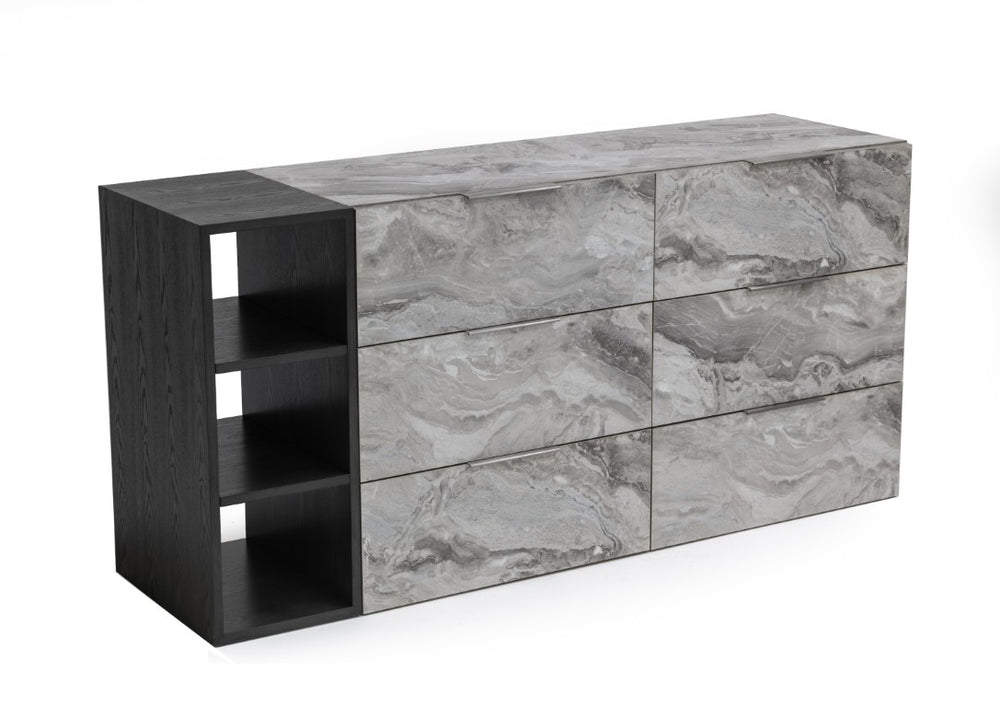 VIG Furniture Maranello Modern Grey Wash Dresser With Faux Marble Drawers, 6 Soft-Close, 3 Open Shelves — Stylish Storage VGMAMQT-S25-BR-121-GRY-DRS