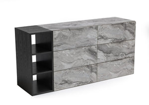 VIG Furniture Maranello Modern Grey Wash Dresser With Faux Marble Drawers, 6 Soft-Close, 3 Open Shelves — Stylish Storage VGMAMQT-S25-BR-121-GRY-DRS