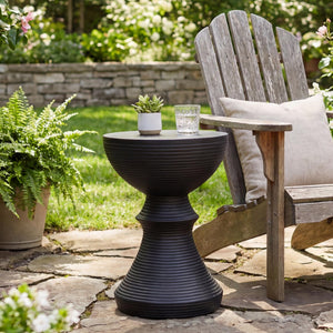 English Elm 16" Ribbed Concrete Outdoor Side Table Sculptural Hourglass Patio Garden Accent Black N767P192100B