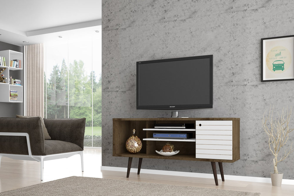 English Elm Liberty 53" Rustic Brown And White Tv Stand With Ample Storage, Cable Management & Modern Style B365P398328