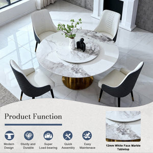 English Elm 59" Round Sintered Stone Dining Table with Lazy Susan Minimalist Base Seats 8 W2699S00097