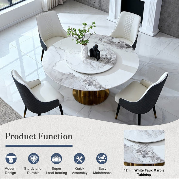 English Elm 59" Round Sintered Stone Dining Table with Lazy Susan Minimalist Base Seats 8 W2699S00097