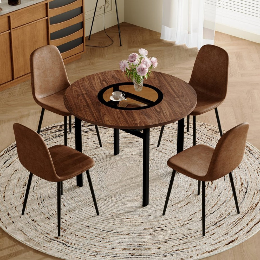 English Elm Table Set Modern Round 42 Inch Wood Grain Glass Inset with 4 Fabric Chairs for Dining W1151S04477