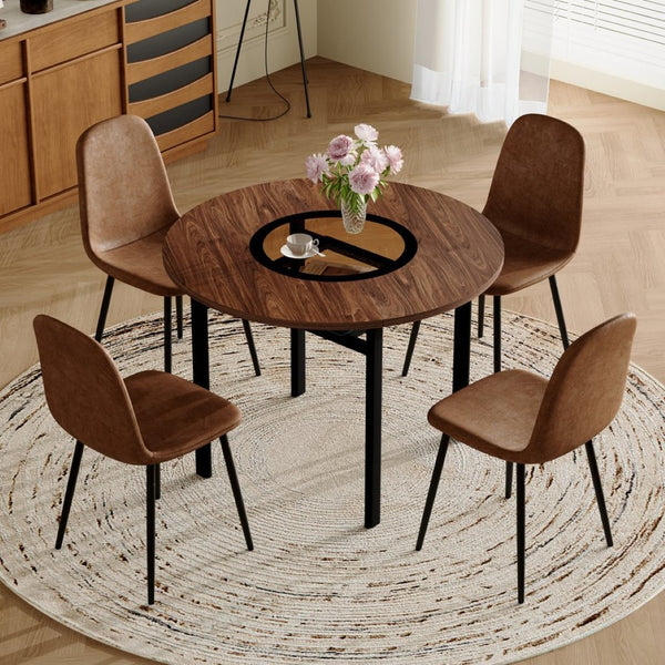 English Elm Table Set Modern Round 42 Inch Wood Grain Glass Inset with 4 Fabric Chairs for Dining W1151S04477