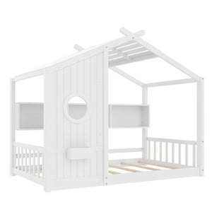 English Elm Twin House Floor Bed for Kids Montessori Playhouse with Roof, Built-In Shelf, Sturdy Pine Frame, Safeologna White 78.6 L x 16.6 W x 6.85 H N733P335064K