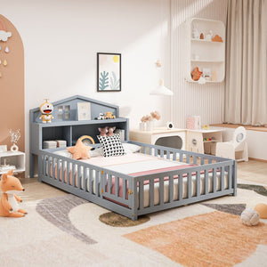 English Elm Full-size Montessori Floor Bed with Built-In Bookcase and Chalkboard, Space-Saving Solid Wood Platform for Kids Grey 56.3 L x 17.32 W x 5.31 H W1716S00013