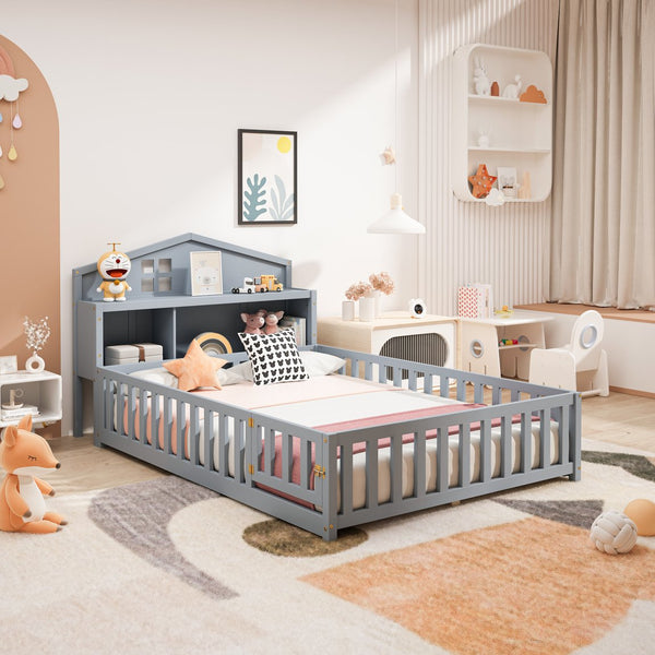 English Elm Full-size Montessori Floor Bed with Built-In Bookcase and Chalkboard, Space-Saving Solid Wood Platform for Kids Grey 56.3 L x 17.32 W x 5.31 H W1716S00013