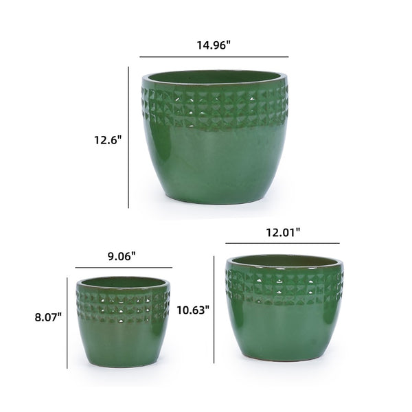 English Elm Set Of 3 Ceramic Flowerpots - Handcrafted Antique Green Planters For Modern Home & Garden Decor W3273P321483-GIGA