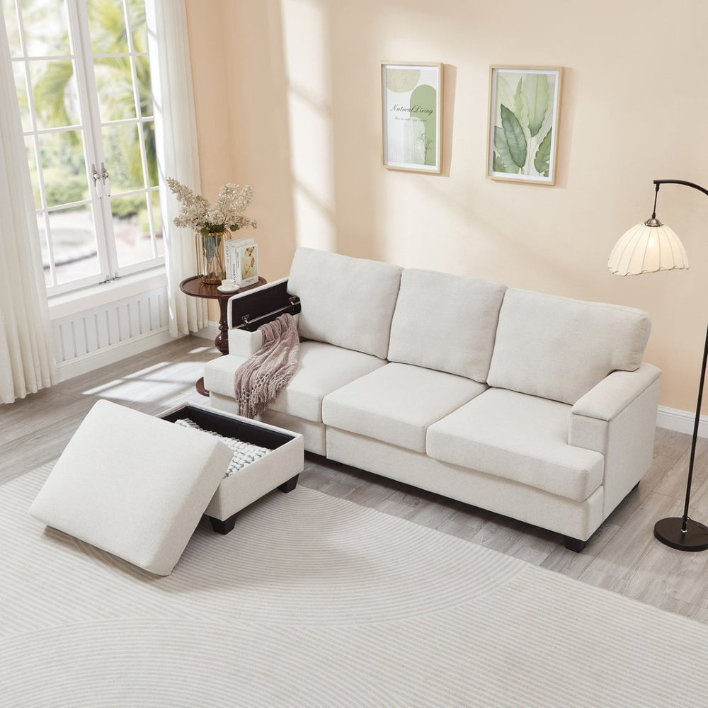 English Elm 86" Linen Sectional Sofa with Storage Ottoman Reversible Chaise for Small Spaces Beige W1669S00035