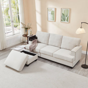 English Elm 86" Linen Sectional Sofa with Storage Ottoman Reversible Chaise for Small Spaces Beige W1669S00035