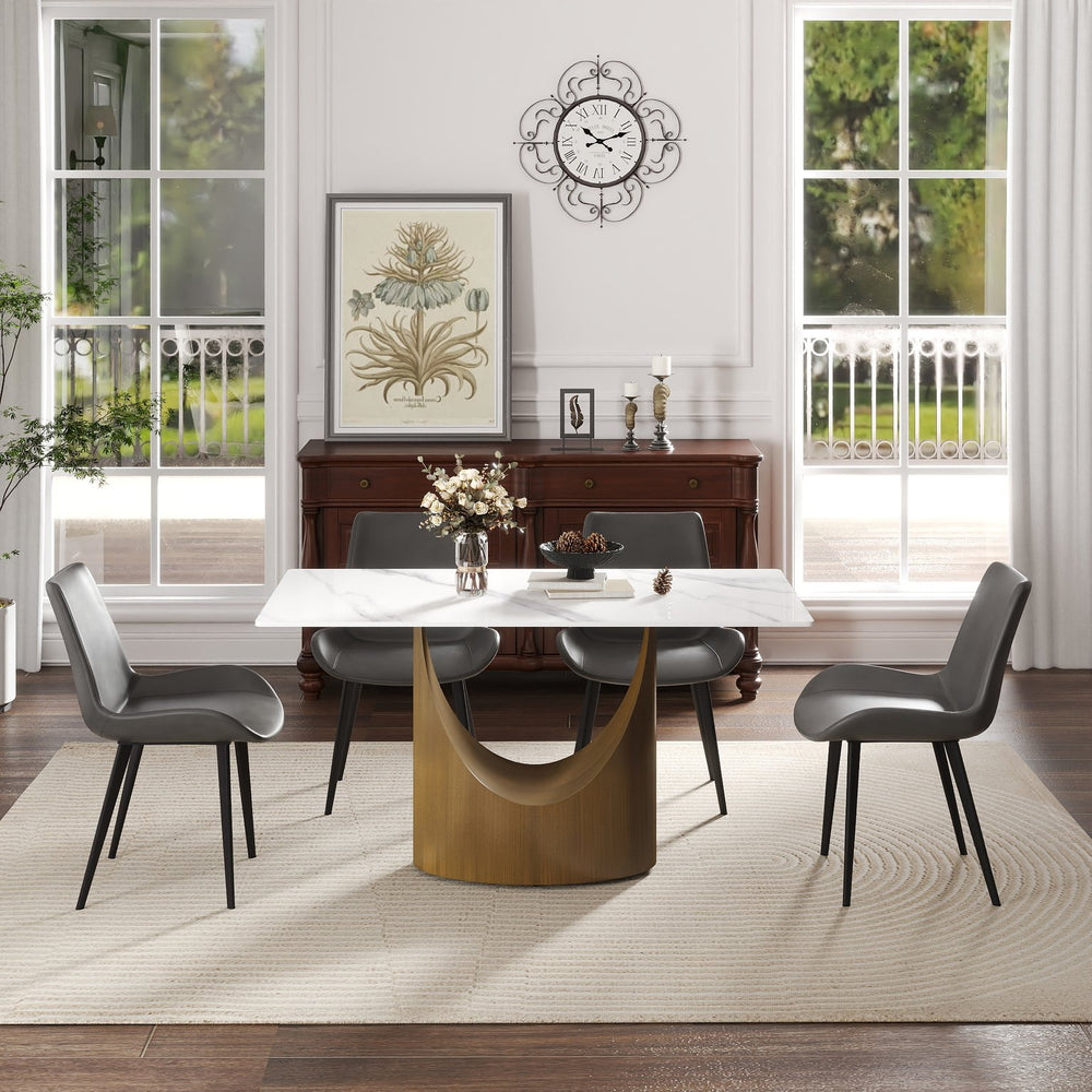 English Elm 55.12 Modern Sintered Stone Dining Table with Bronze Iron Legs, Rectangular Seat for 6, 400lb Capacity Antique Brass,White W1535S00554